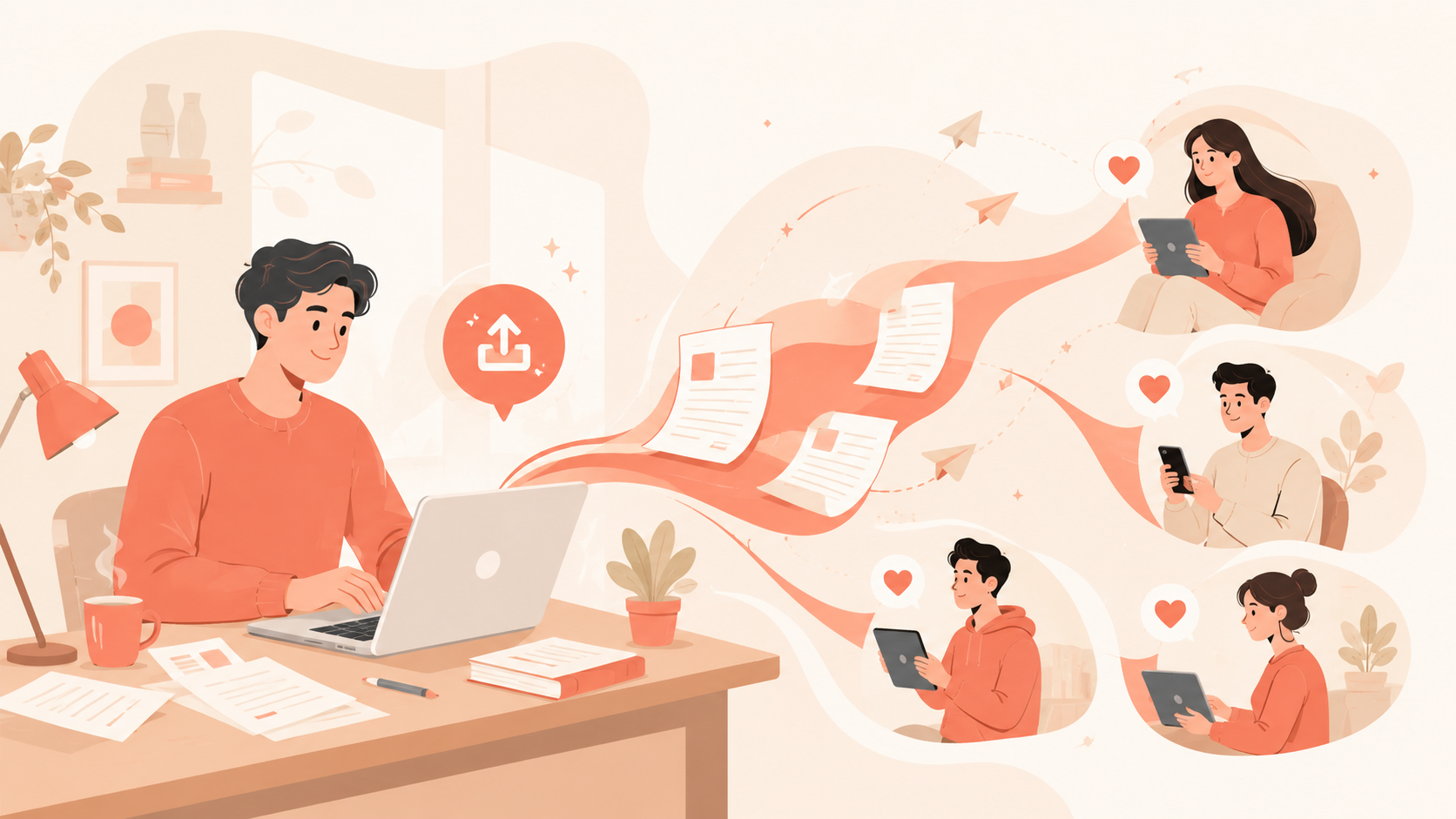 Ilustrasi penulis Tutwuri sedang menulis sambil membuka laptop