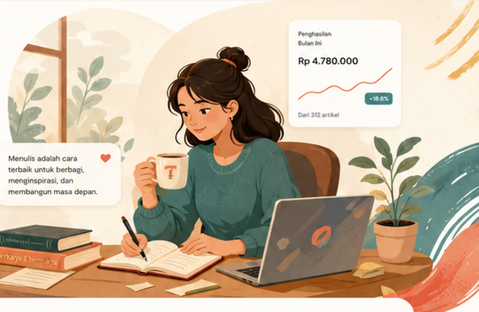 Ilustrasi penulis Tutwuri sedang menulis sambil membuka laptop